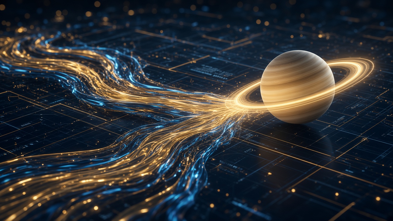 Fluxos de liquidez dourados e azuis convergindo para Saturno sobre uma malha financeira digital